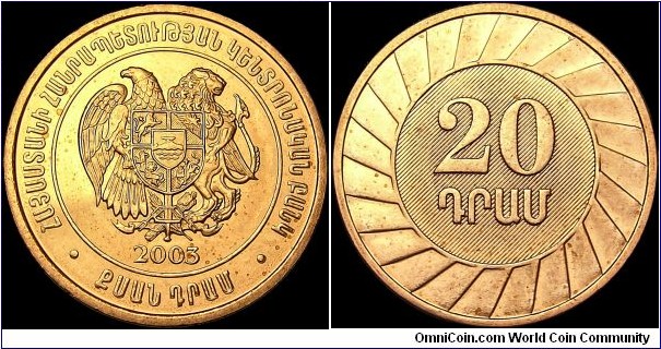 Armenia - 20 Dram - 2003 - Weight 2,8 gr - Copper plated steel - Size 20 mm - Thickness 1,22 mm - Alignment Medal (0°) - Obverse : National arms - Edge : Smooth - Reference KM# 93 (2003)