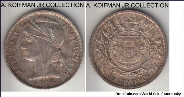 KM-562, 1916 Portugal 20 centavos; silver, reeded edge; early Republic coinage, about extra fine, naturally ctoned, not cleaned as common.
