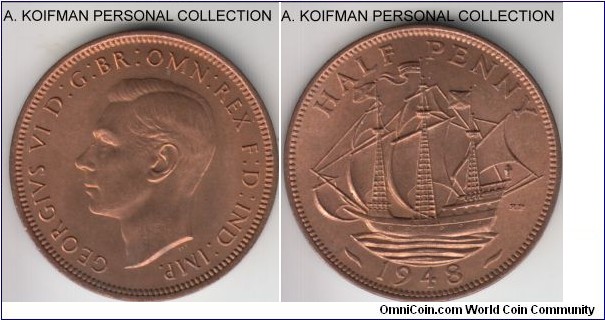 KM-844, 1948 Great Britain half penny; bronze, plain edge; nice red brown uncirculated, last year of the type.