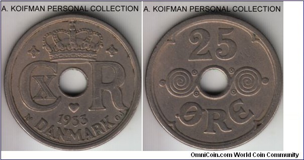KM-823.2, 1933 Denmark 25 ore; copper-nickel, plain edge; very fine or so, scarcest mintage of the type.