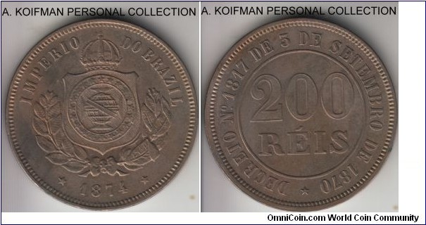 KM-478, 1874 Brazil Empire 200 reis; copper-nickel, plain edge; about uncirculated, a little dull and a couple of spots on the edge.