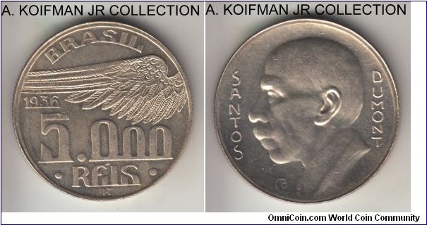 KM-543, 1936 Brazil 5000 reis; silver, reeded edge; Alberto Santos Dumont circulation commemorative, bright uncirculated, may hgave a few hairlines but the type is hard to grade.