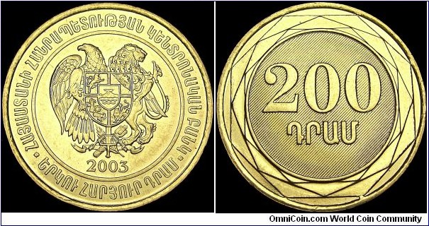 Armenia - 200 Dram - 2003 - Weight 4,5 gr - Brass - Size 24 mm - Thickness 1,46 mm - Alignment Medal (0°) - Obverse : National arms - Edge : Reeded - Reference KM# 96 (2003)
