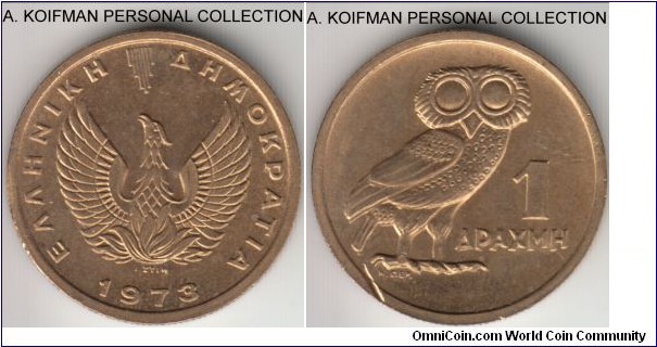 KM-107, 1973 Greece drahma; nickel-brass, reeded edge; nice uncirculated, but a deep (machine?) gourge on reverse, also doubling (recut) denomination.