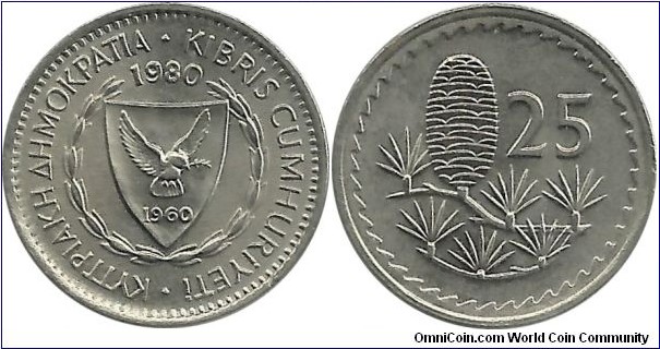 Cyprus-Republic 25 Mils 1980