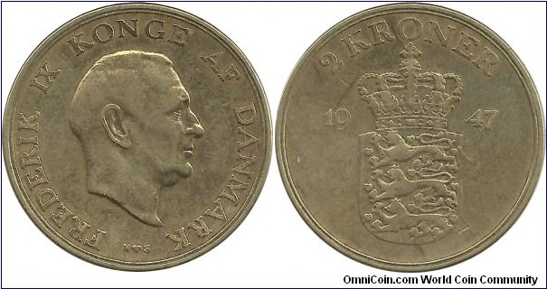 Denmark 2 Kroner 1947-Frederik IX