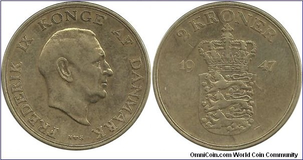 Denmark 2 Kroner 1947-Frederik IX