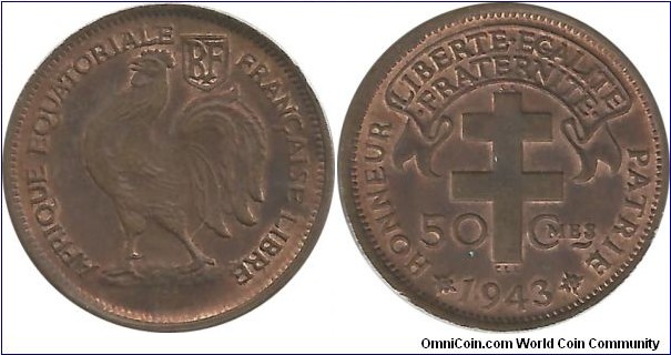 French Equatorial Africa 50 Centimes 1943SA-Libre (SA mintmark= Pretoria-South Africa 1942-43)