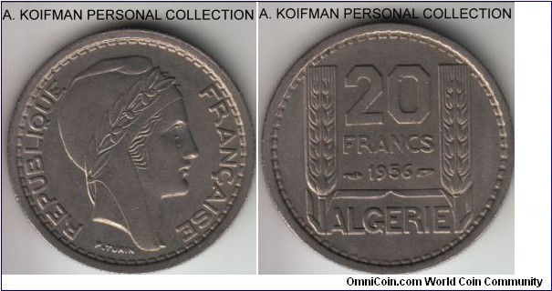 KM-91, Algeria 1956 20 francs; copper-nickel, reeded edge; extra fine or about, scarcer of the two years this type was minted.
