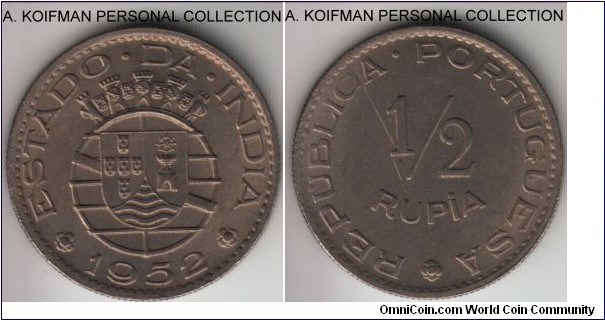 KM-26, 1952 Portuguese India 1/2 rupia; copper-nickel, reeded edge; average uncirculated but a couple of thin scratches on reverse.