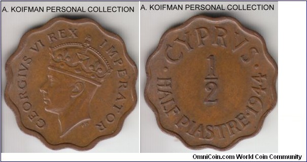 KM-22a, 1944 Cyprus 1/2 piastre; bronze, plain edge, scalloped flan; extra fine, pleasantly toned.