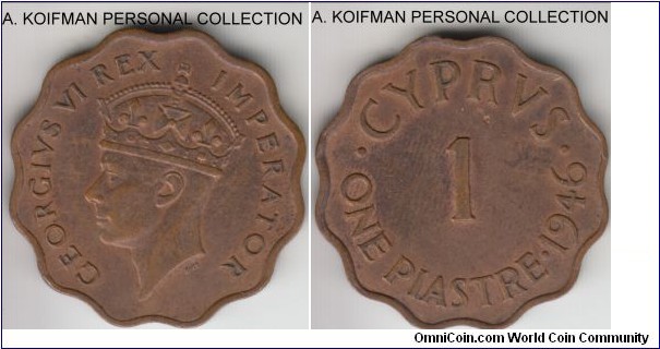KM-23a, 1946 Cyprus piastre; bronze, plain edge, scalloped flan; good very fine or better.