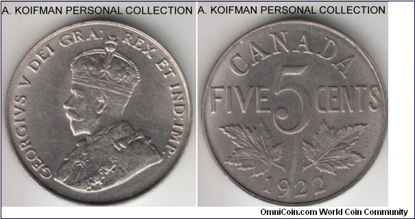 KM-29, 1922 Canada 5 cents; nickel, plain edge; uncirculated or almost, good luster.