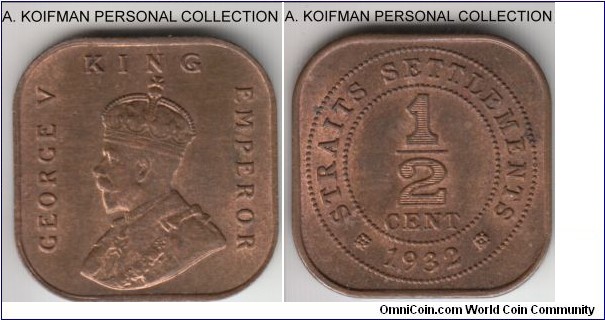 KM-37, 1932 Straits Settlements 1/2 cent; bronze, plain edge, square flan; rather scarce one-year type, despite large mintage, red-brown uncirculated.