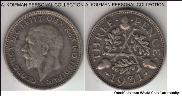 KM-831, 1931 Great Britain 3 pence; silver, plain edge; circulated, very fine or so.