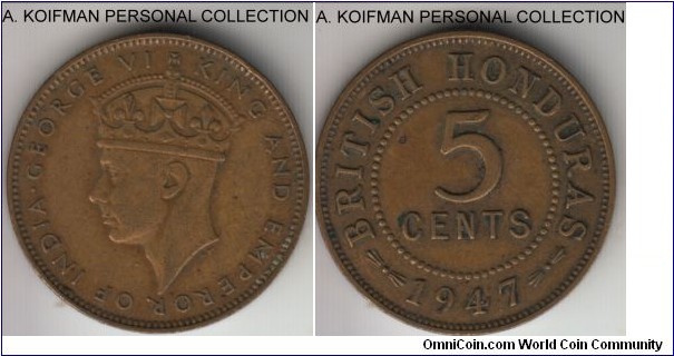 KM-22a, 1947 British Honduras 5 cents; nickel-brass, plain edge; well circulated, mintage 40,000, scarce as most of British Honduras coins.
