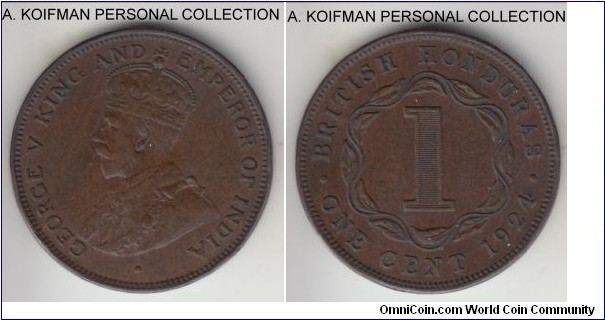 KM-19, 1924 British Honduras cent; bronze, plain edge; George V and typically small mintage of 50,000, scarcer in any high grades, strong very fine.