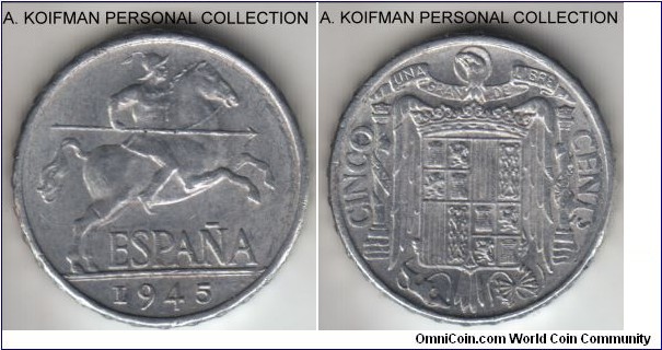 KM-765, 1945 Spain (Republic) 5 centimos; aluminum, reeded edge; about uncirculated.