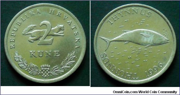 Croatia 2 kune.
1996, Latin text; Thunnus thynnus (Tuna)