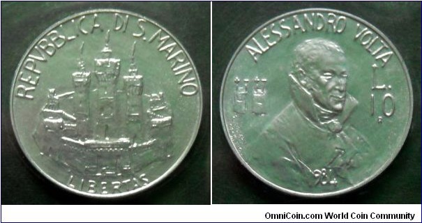 San Marino 10 lire.
1984, Alessandro Volta.