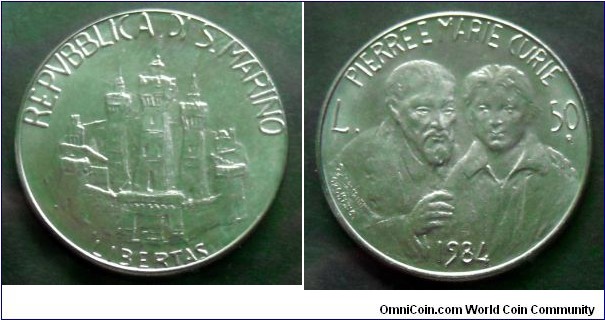 San Marino 50 lire.
1984, Pierre Curie and Maria Skłodowska Curie.