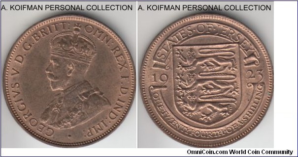 KM-13, 1923 Jersey 1/24'th of a shilling; bronze, plain edge; bright red uncirculated, second type, minimal obverse toning, small mintage of 72,000.