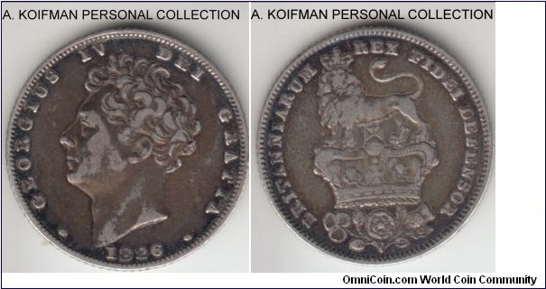 KM-698, 1826 Great Britain 6 pence; silver, reeded edge; good fine plus, possible cleaned.