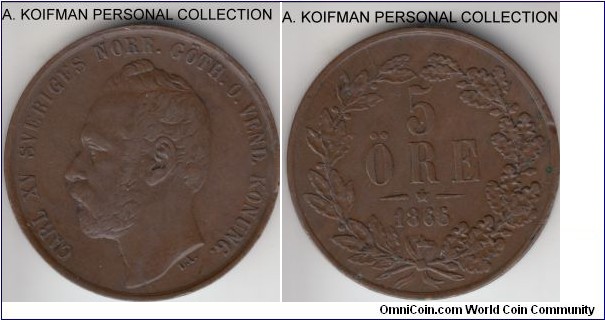 KM-707, 1866 Sweden 5 ore; bronze, plain edge; scarcer year for the type, not clear if it is an overdate variety or not (seller said no), good very fine, few issues around the edges.
