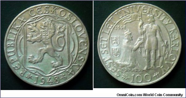 Czechoslovakia 100 korun. 1948, 600th Anniversary of the Charles University. Univerzita Karlova.
Uniwersytet Karola.
Ag 500.