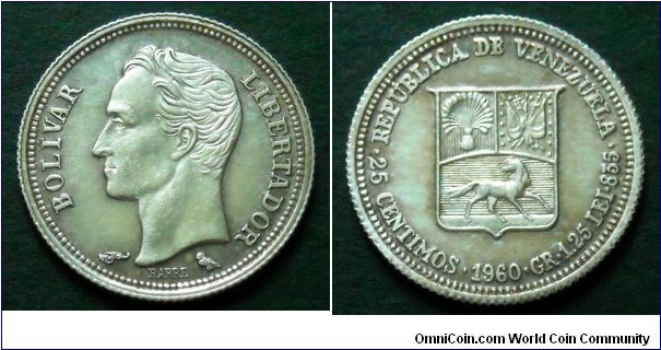 Venezuela 25 centimos.
1960, Ag 835.