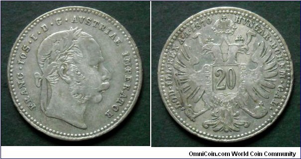 Austro Hungarian Empire 20 kreuzer.
1870, Ag 500.