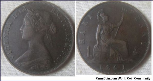 1861 halfpenny 5+E VF