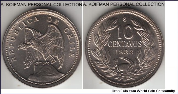 KM-166, 1933 Chile 10 centavos; copper-nickel, plain edge; choice uncirculated, just a couple of toning places.