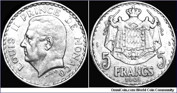 Monaco - 5 Francs - 1945 - Weight 3,7 gr - Aluminium - Size 31,0 mm - Thickness 2,4 mm - Alignment Coin (180°) - Ruler Louis II (Louis Honoré Charles Antoine Grimaldi 1922-1949) - Engraver Obverse Louis Maubert - Mint mark Paris France - Edge Smooth - Mintage 1 000 000 - Reference KM# 122 (1945)