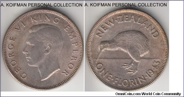 KM-10.1, 1943 New Zealand florin; silver, reeded edge; good extra fine to about uncirculated, luster under tone.