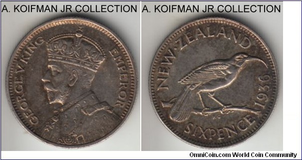 KM-2, 1936 New Zealand 6 pence; silver, reeded edge; last of George V coinage, extra fine or about.