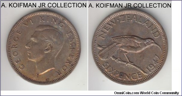 KM-8a, 1947 New Zealand 6 pence; copper-nickel, reeded edge; George VI, one year issue issue prior to the removal of the EMPEROR from the obverse motto, good extra fine details, cleaned and spots.