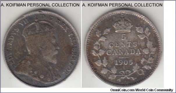 KM-13, 1905 Canada 5 cents; silver, reeded edge; about fine, slightly bent.