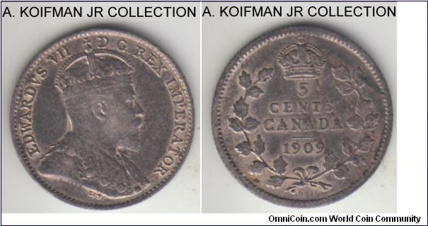 KM-13, 1909 Canada 5 cents; silver, reeded edge; Edward VII, round leaves variety, decent fine.