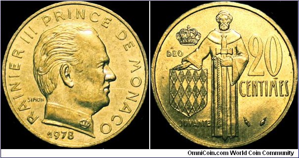 Monaco - 20 Centimes - 1978 - Weight 4,0 gr - Aluminium-bronze - Size 23,5 mm - Thickness 1,4 mm - Alignment Coin (180°) - Ruler Rainier III (Rainier  Louis Henri Maxence Bertrand 1949-2005) - Engraver Georges Simon - Privy Mark Dolphin (Emile Rousseau 1973-1994) - Mint mark Pessac France - Edge Smooth - Mintage 249 000 - Reference KM# 143 (1962-1995)