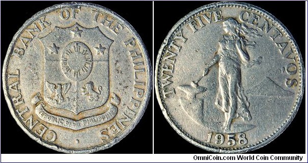 Philippines -  25 Centavos - 1958 - Weight 5,0 gr - Copper-zinc-nickel - Size 24,0 mm - Thickness 1,6 mm - Alignment Coin (180°) - Edge Milled - Mintage 10 000 000 - Reference KM# 189.1 (1958-1966)