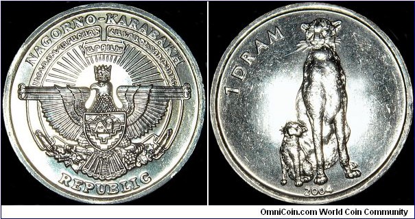 Nagorno-Karabakh - 1 Dram - 2004 - Weight 1,1 gr - Aluminium - Size 22,0 mm - Thickness 1,5 mm - Alignment Medal (0°) - Obverse National arms - Obverse Cheetahs - Edge : Plain - Reference KM# 10 (2004)