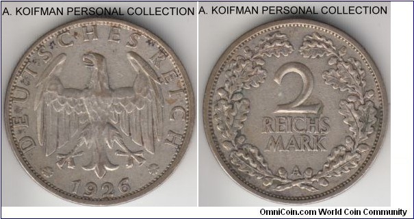 KM-45, 1926 German Weimar Republic 2 reichsmark, Berlin mint (A mint mark); silver, reeded edge; good very fine.