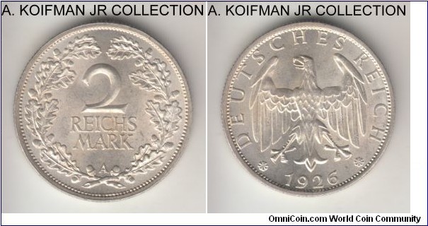 KM-45, 1926 German Weimar Republic 2 reichsmark, Berlin mint (A mint mark); silver, reeded edge; bright uncirculated.