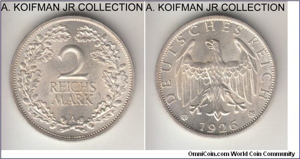 KM-45, 1926 German Weimar Republic 2 reichsmark, Berlin mint (A mint mark); silver, reeded edge; good very fine.