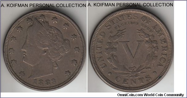 KM-112, 1883 United States of America 5 cents; copper-nickel, plain edge; scarcer variety with CENTS for that year, good fine to very fine.