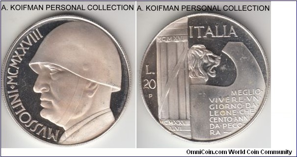 1928 Italy 20 lire, silver, reeded edge; unofficial issue, interesting example of the Italian numismatic art - imitation )sometimes dated to 1970's) of the earlier coinage with reverse taken from the 1928 commemorative - 10' years since the end of WWI - issue and obverse featuring Mussolini, average deep cameo proof like, interestingly the mint mark is not R but P - either intentionally to avoid forgery claim or by mistake.