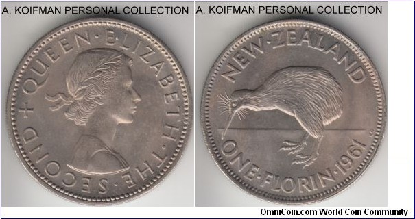 KM-28.2, 1961 New Zealand florin; copper-nickel, reeded edge; good uncirculated, first year of the type.