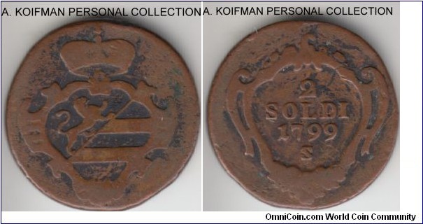 KM-44, 1799 Italian state Gorizia 2 soldi, Smolnitz mint (S mint mark); copper, crude plain edge; well circulated, scarcer mint.
