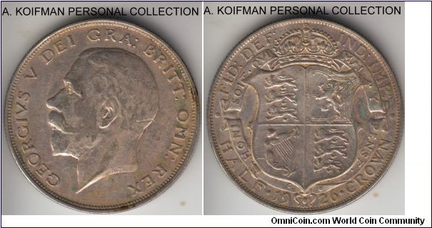 KM-818.2, 1926 Great Britain 1/2 crown; silver, reeded edge; very fine or abour obverse and an extra fine reverse, a bit dirty.
